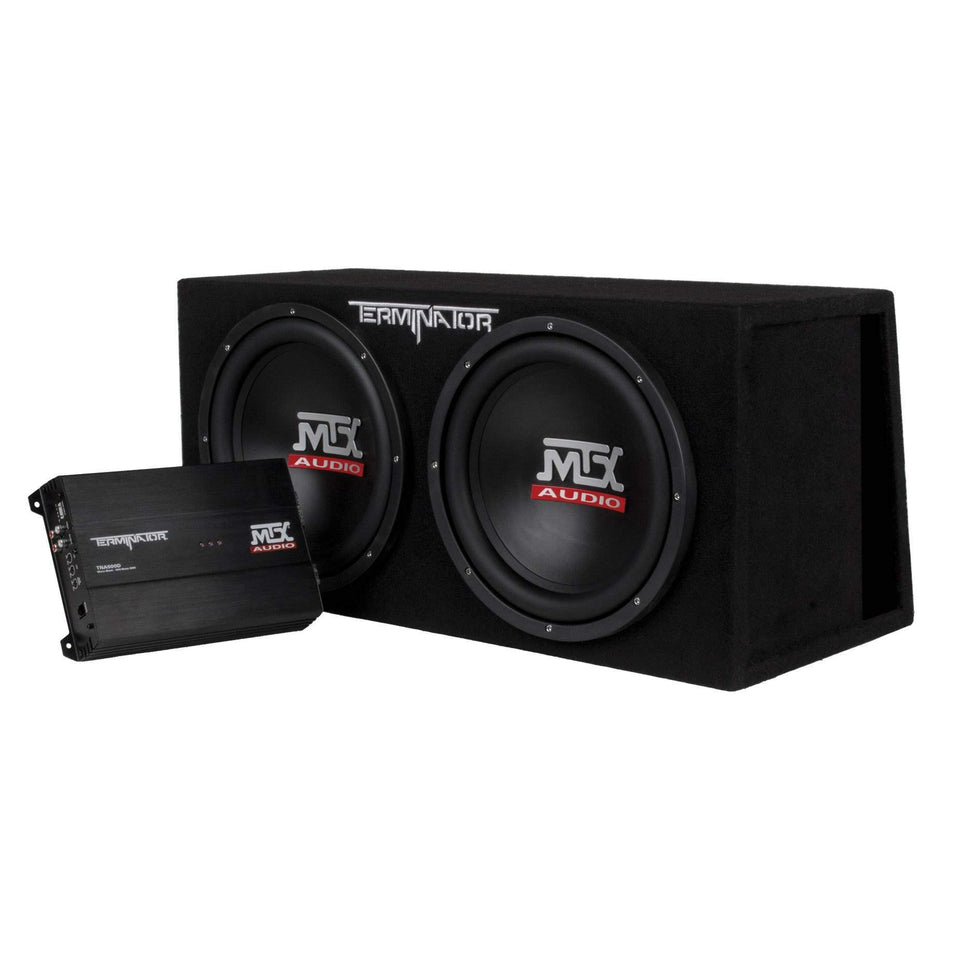 MTX TNP212DV dual subwoofers close-up showing deep bass potential for car audio