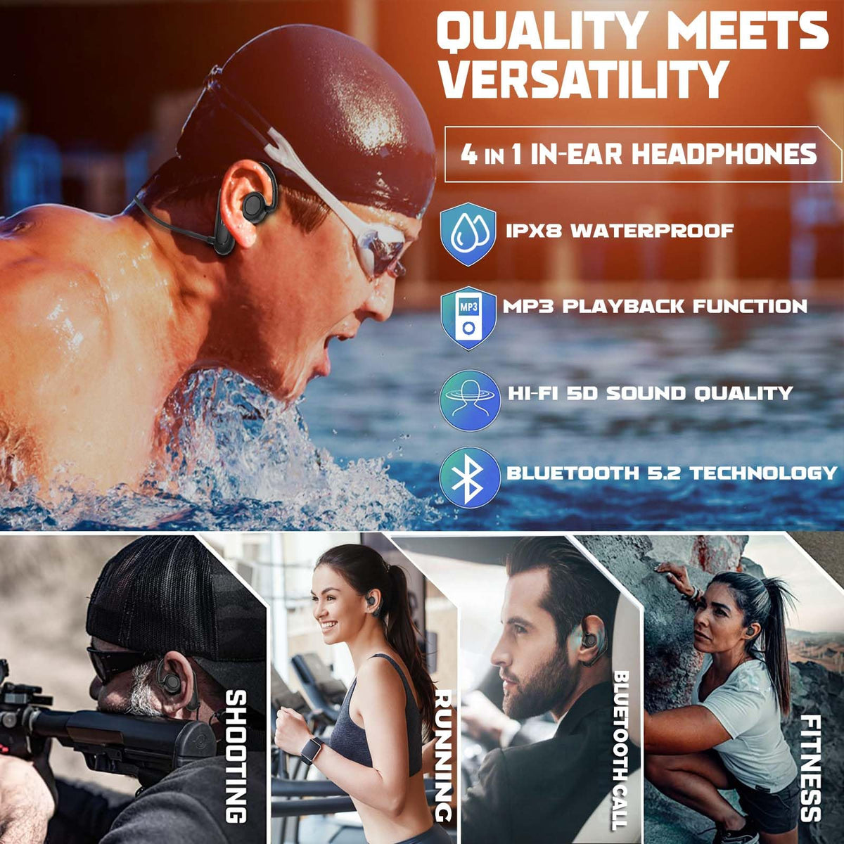 MTYBBYH S25 worn by swimmer underwater demonstrating waterproof audio reliability