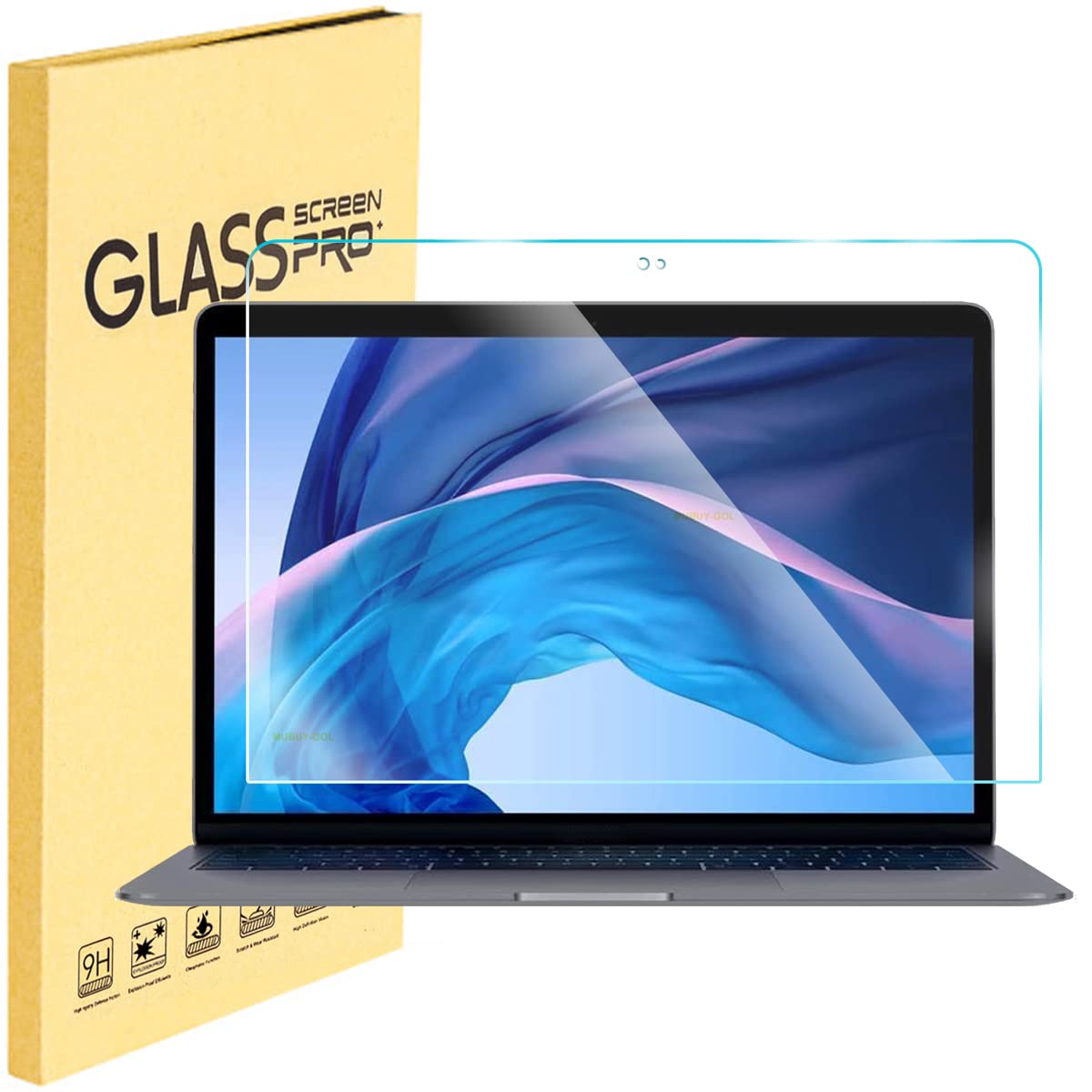 MUBUY-GOL MacBook Air 13 tempered glass front view with clear protection and HD clarity.