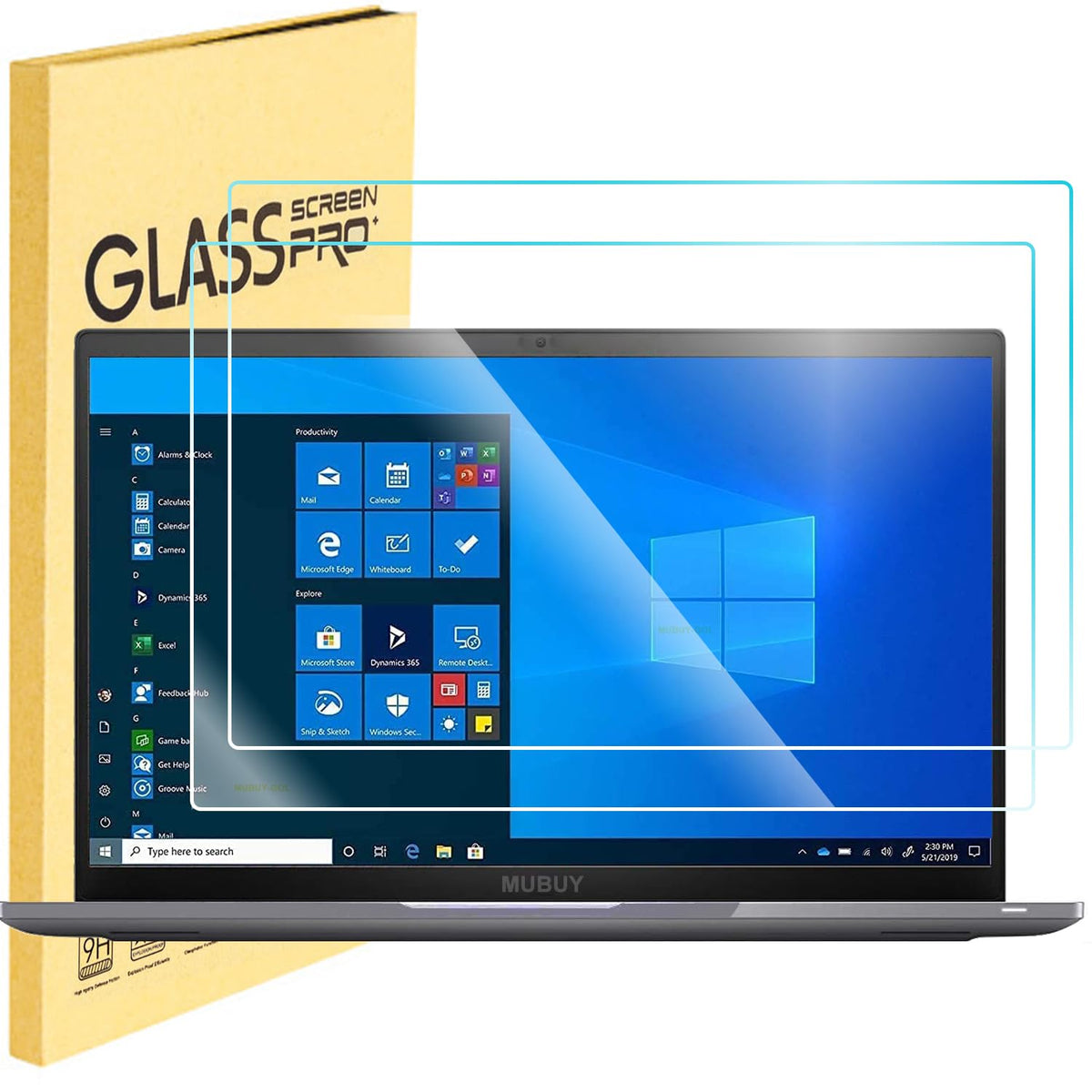 MUBUY-GOL two-pack 16-inch glass protector shown, ready to shield laptops.
