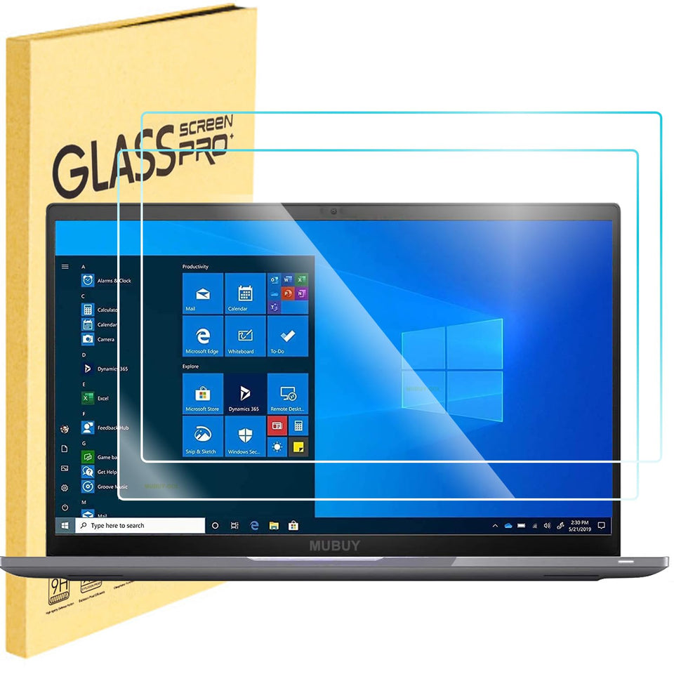 MUBUY-GOL two-pack 16-inch glass protector shown, ready to shield laptops.