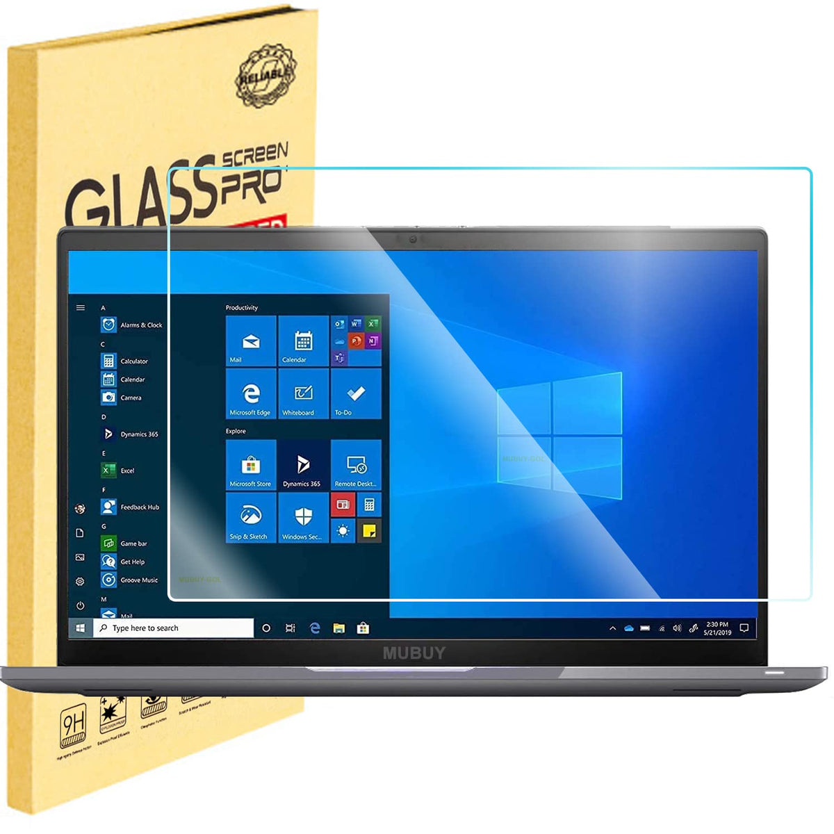 MUBUY-GOL 15.6-inch tempered glass protector front view showing crystal clarity and fit