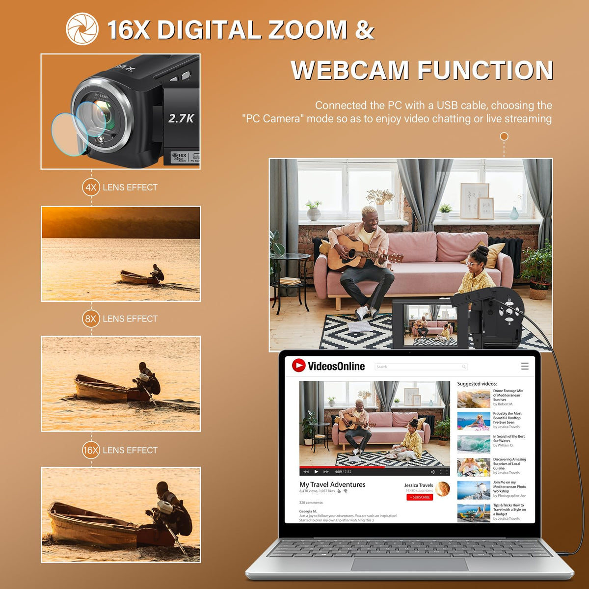 Muitune camcorder built-in LED fill light brightening a vlogger's face
