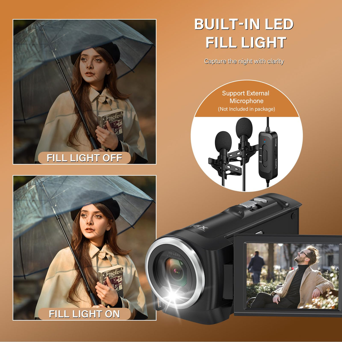 Muitune camcorder held in hand to show compact size and portability