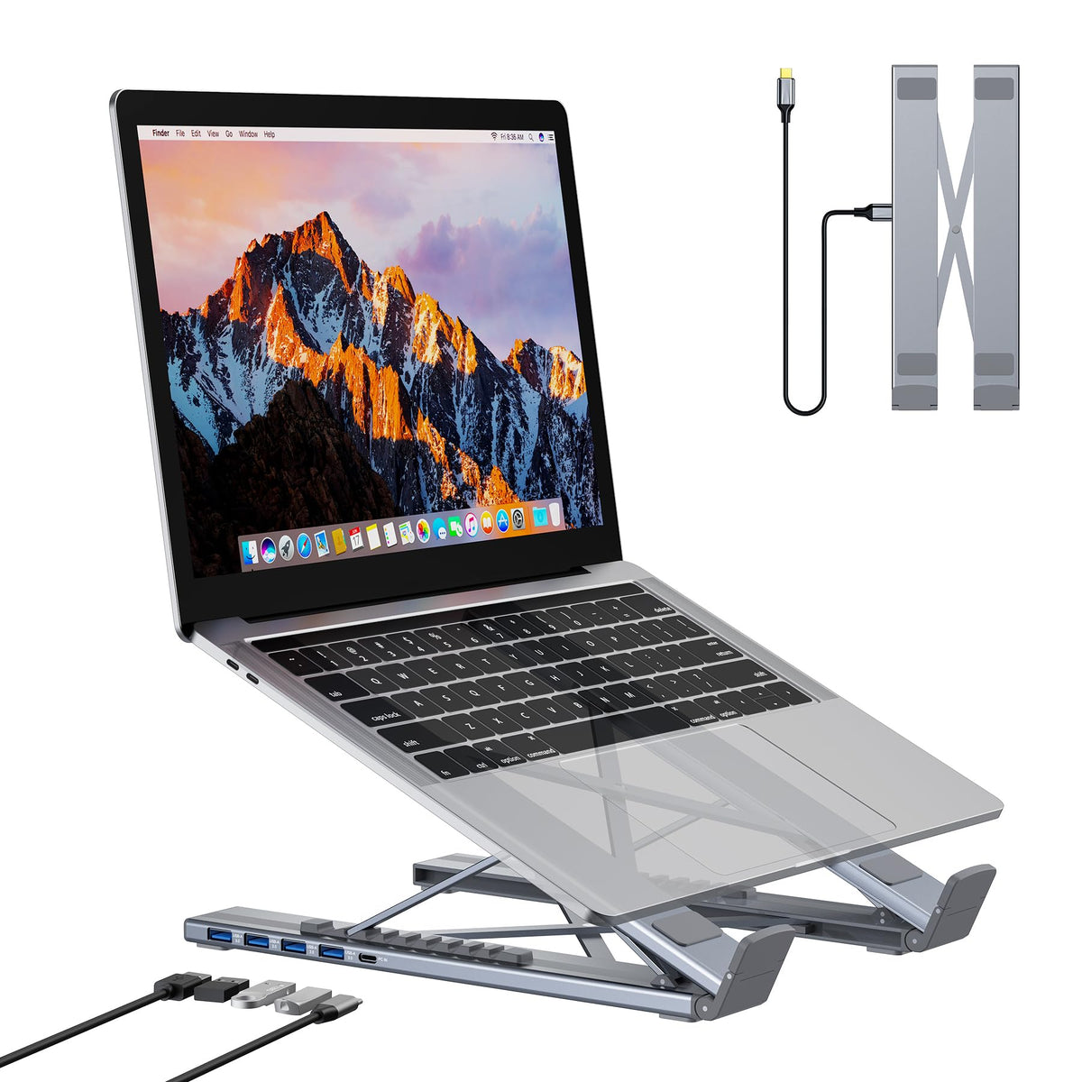 Mukiya front view of aluminum stand and hub showing stable frame and ports for tidy desk