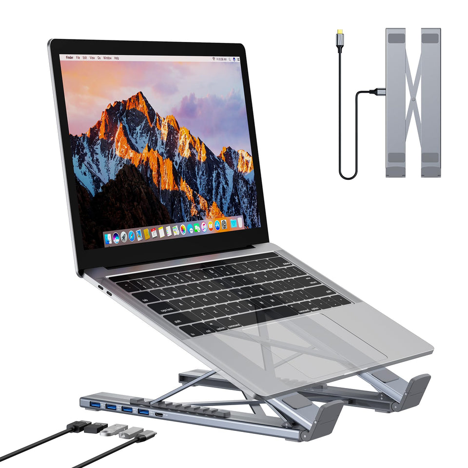 Mukiya front view of aluminum stand and hub showing stable frame and ports for tidy desk