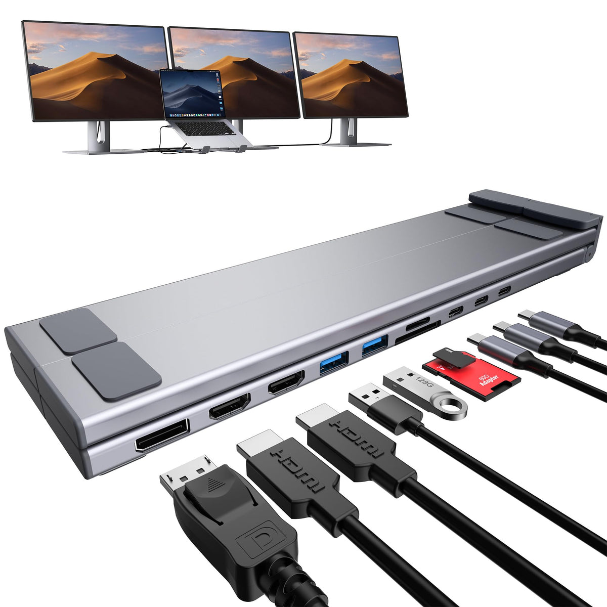 Mukiya USB-C Dock Stand with 3-monitor setup enabling 4K60 multitasking