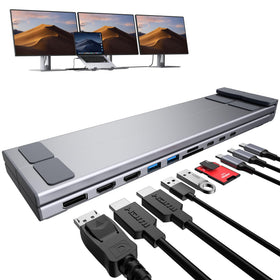 Mukiya USB-C Dock Stand with 3-monitor setup enabling 4K60 multitasking