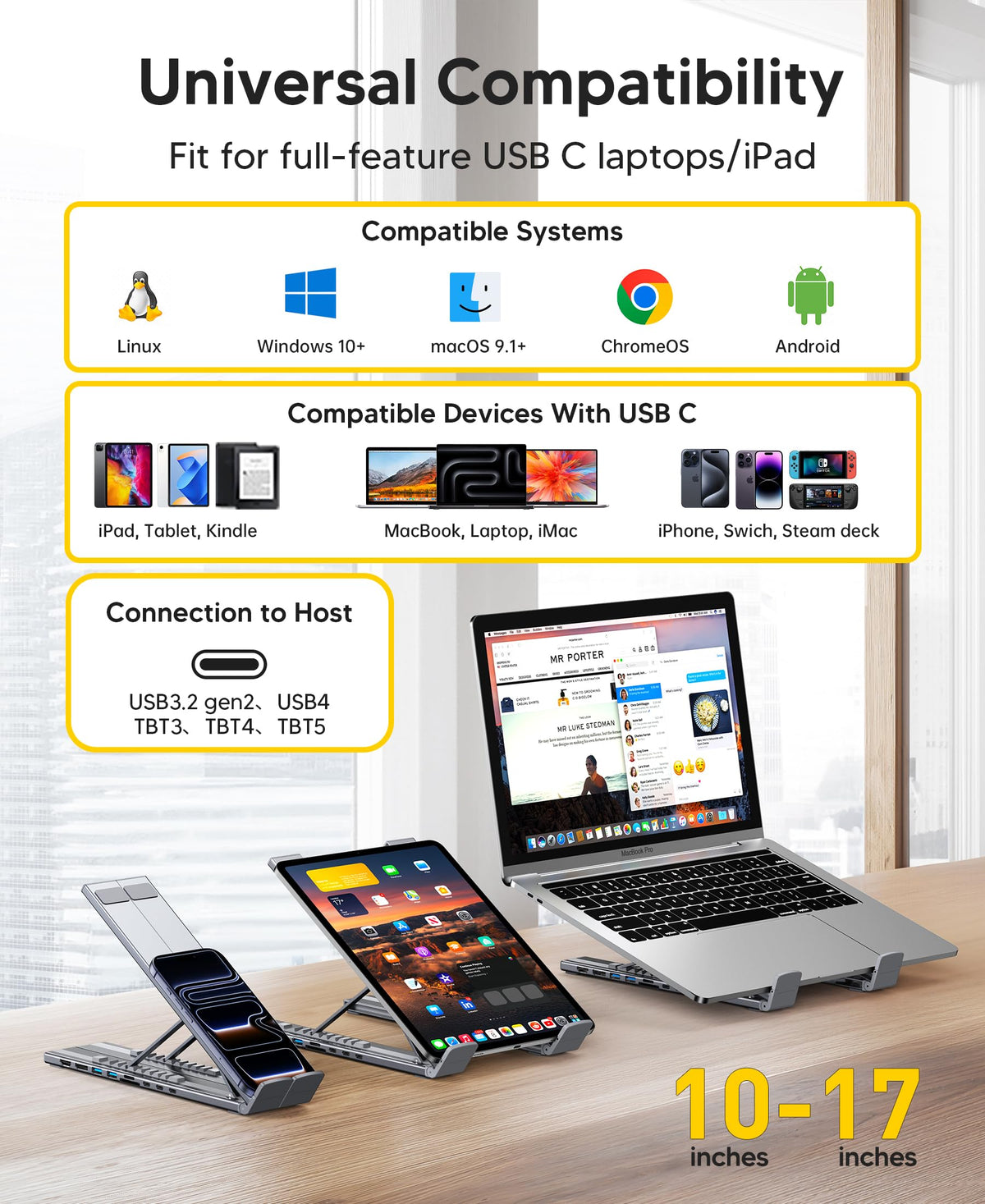 Dual-monitor hub shows HDMI and DP connections for sharp visuals.