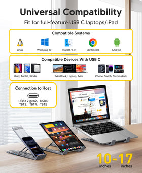 Dual-monitor hub shows HDMI and DP connections for sharp visuals.