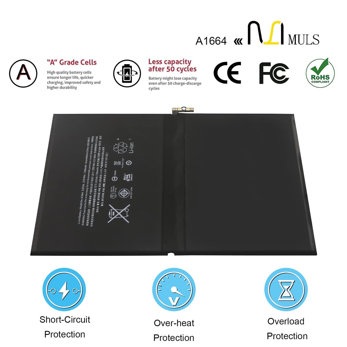 MULS A1664 battery inside view for iPad Pro 9.7 replacement