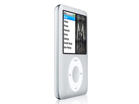Multinanofun M-Player back view with iPod Nano 3rd gen, silver, sleek side profile.