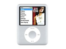 Multinanofun M-Player front view for iPod Nano 3rd gen, silver, portable listening ready.