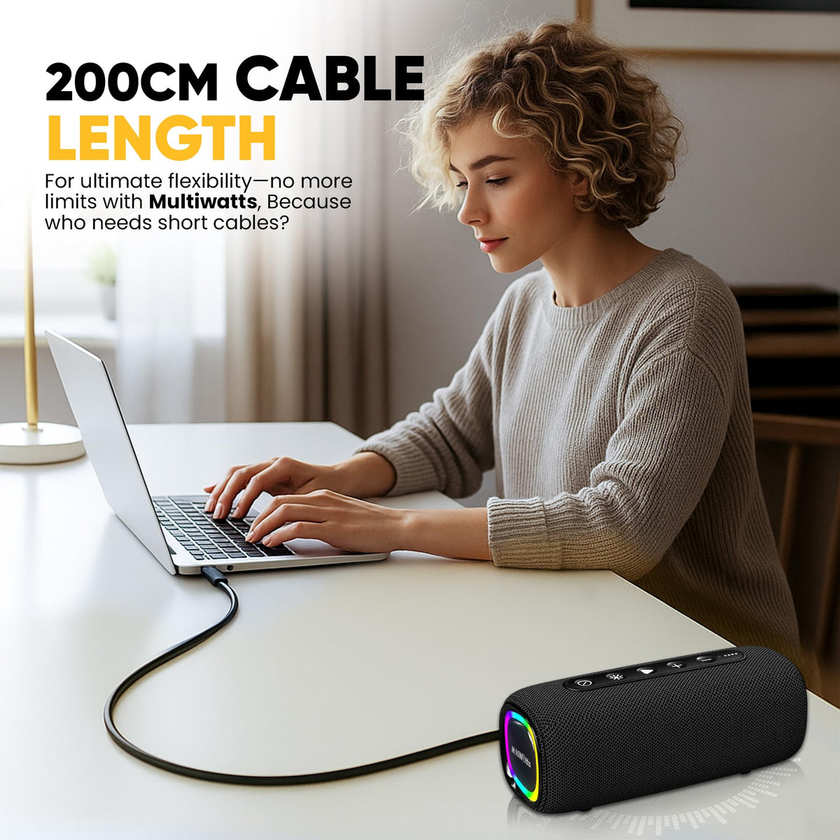 AuraBoom with Bluetooth 5.3 enables long-range wireless listening.