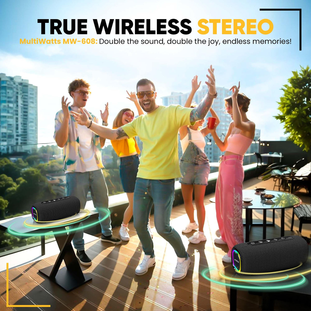 Rugged MultiWatts AuraBoom with non-slip feet for outdoor use.
