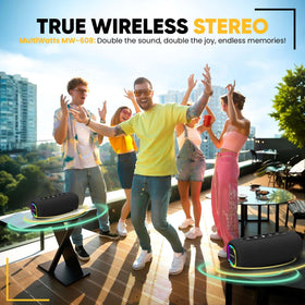 Rugged MultiWatts AuraBoom with non-slip feet for outdoor use.