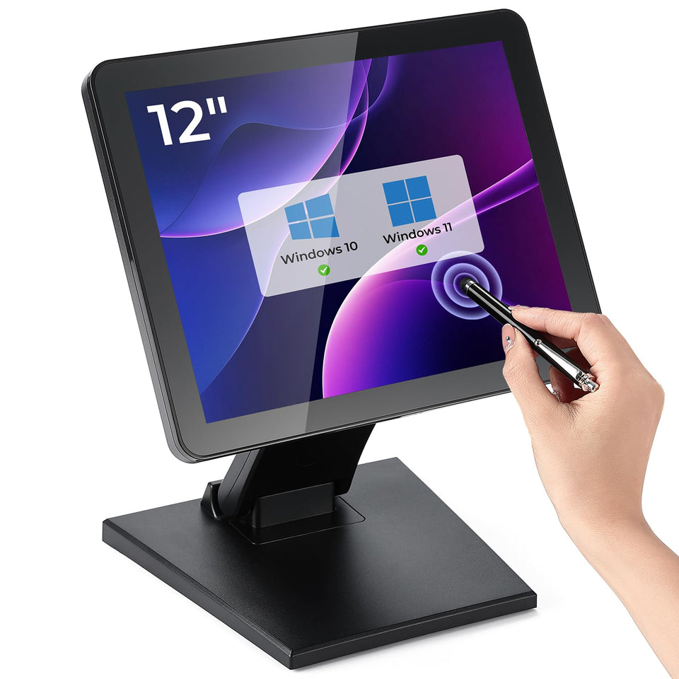 MUNBYN 12-inch POS monitor front view showing compact, space-saving design for busy checkout areas.