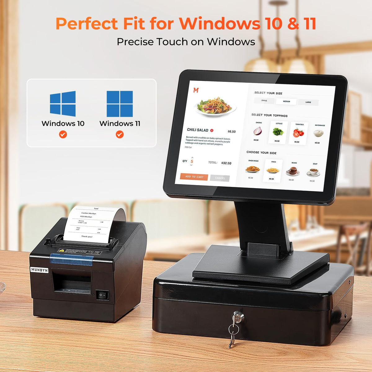 MUNBYN POS monitor foldable stand demonstrates adjustable viewing angles for versatile setups.