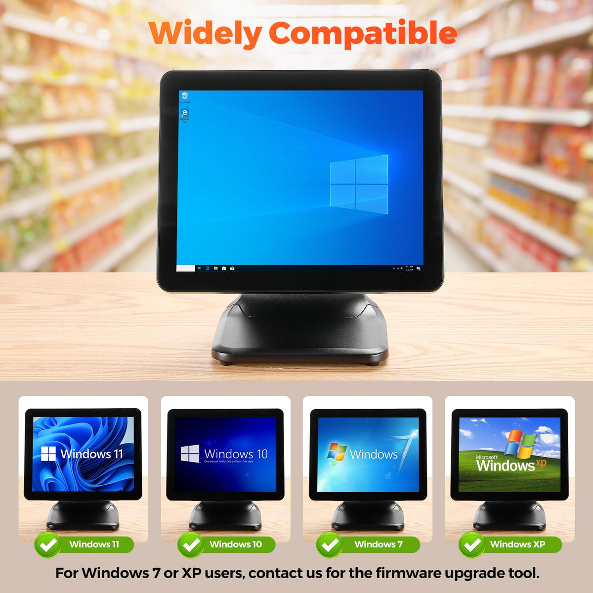 MUNBYN POS monitor showing HDMI and VGA connectivity for flexible devices.