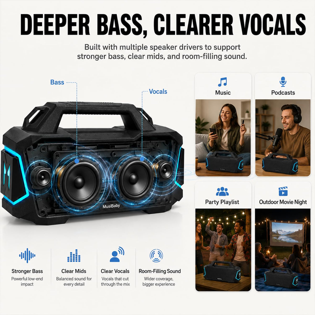 Musibaby 12000mAh battery provides 24H+ playtime outdoors