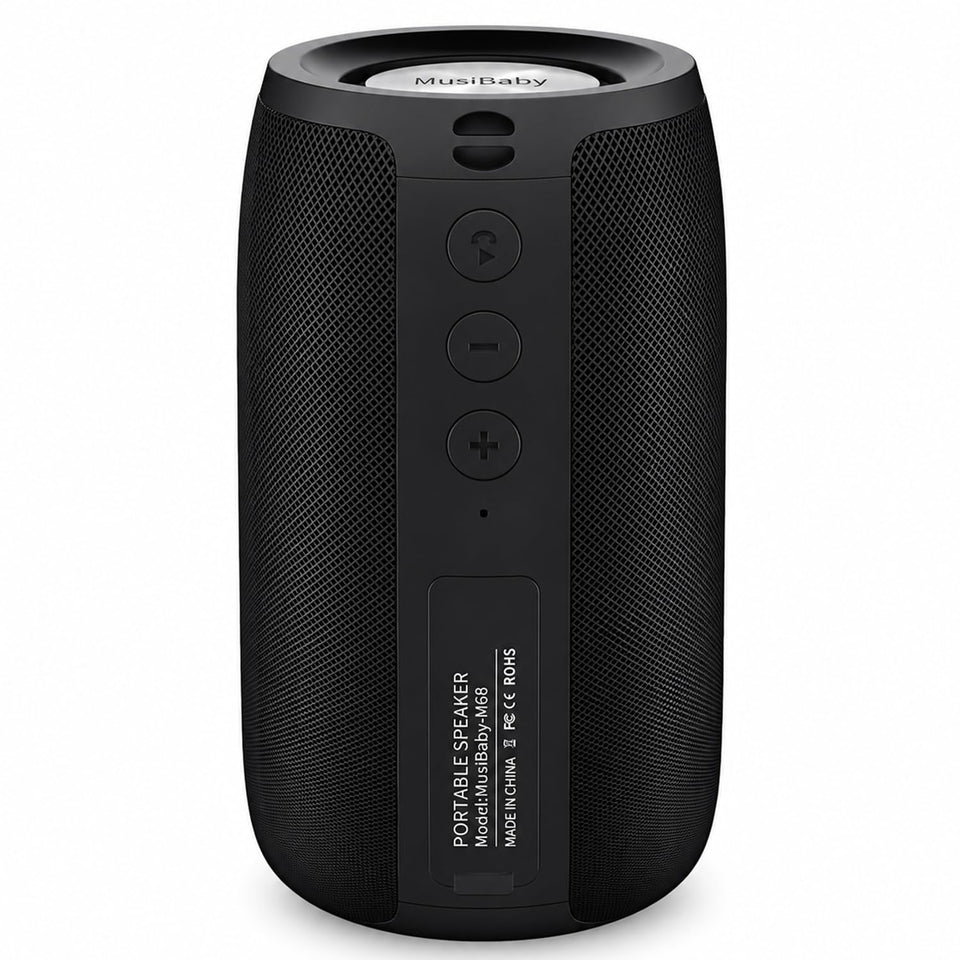 Musibaby M68 front view showing speaker grille and controls for clear sound