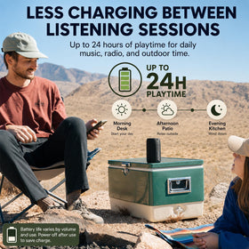 Musibaby M68 on patio beside drinks displaying splash-resistant outdoor use