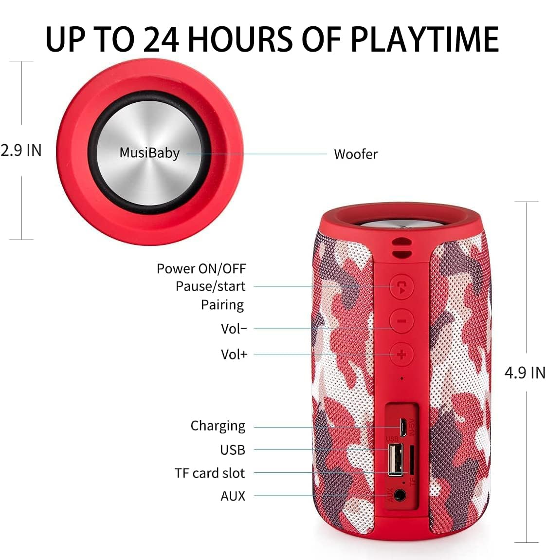 Musibaby top controls and input ports visible for simple playback and charging