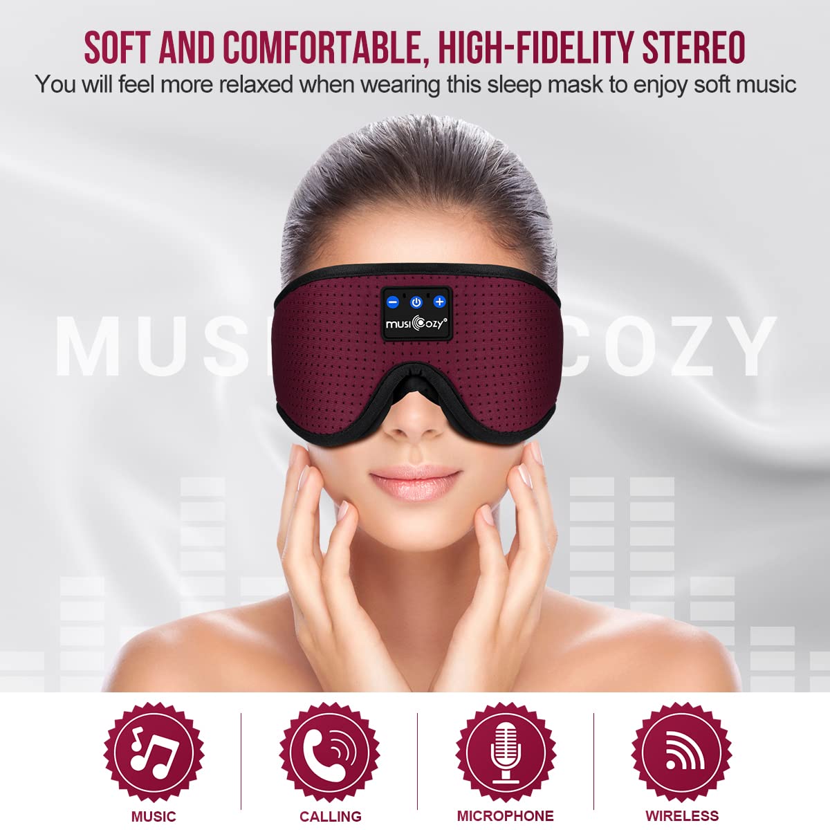 MUSICOZY close-up of recessed HD speaker showing soft cushioning benefit