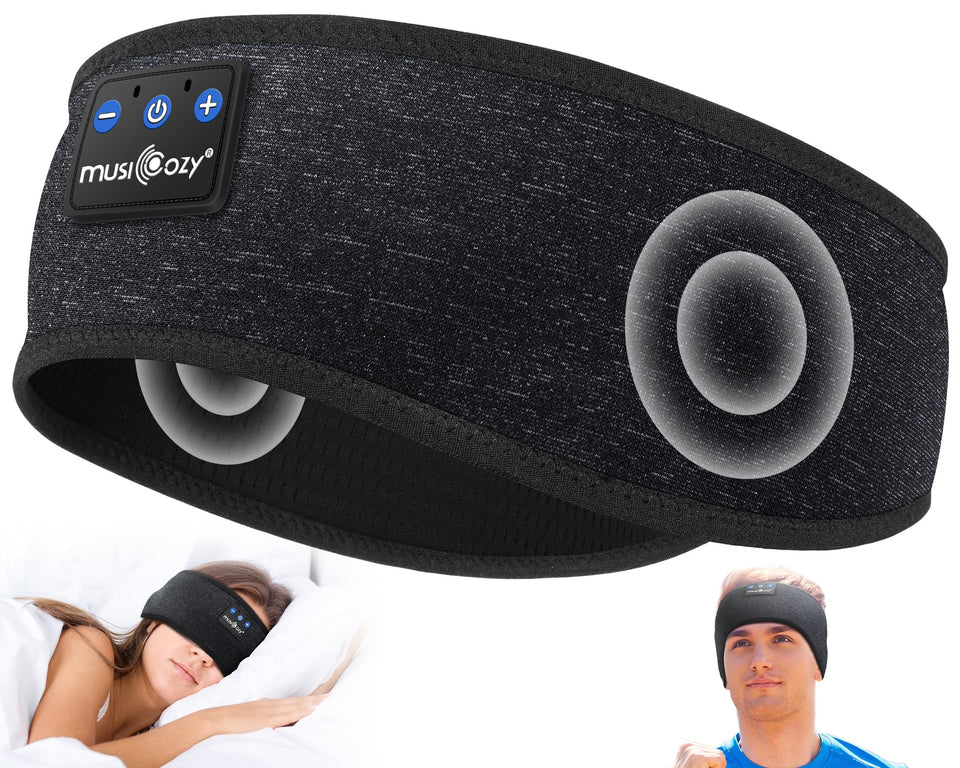 MUSICOZY front view headband showing low-profile speakers and smooth fit benefit comfort