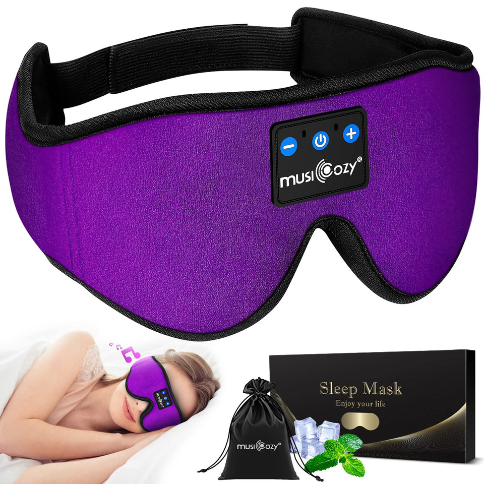 MUSICOZY front view of violet sleep mask showing complete blackout and sleek profile