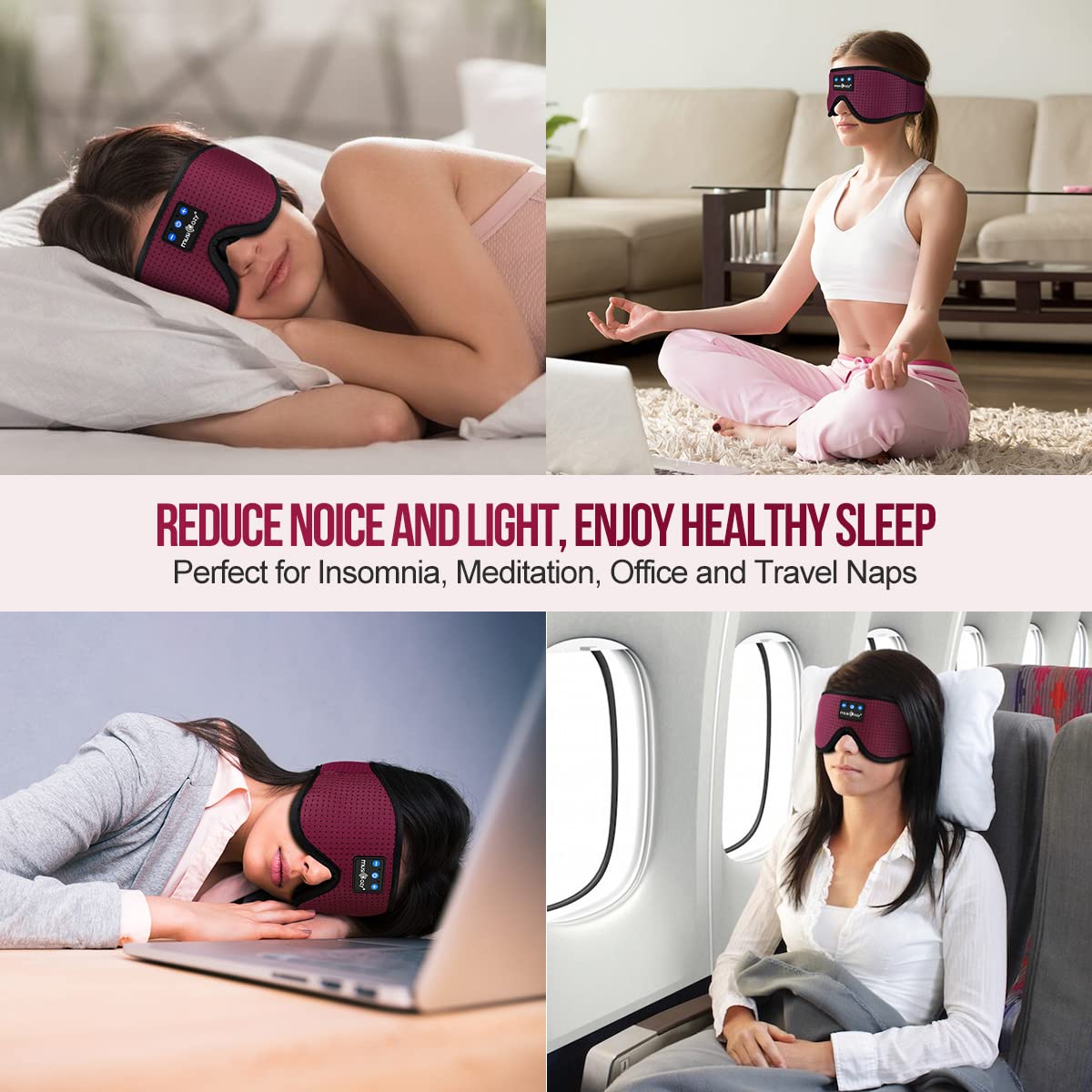 MUSICOZY on airplane and travel pillow showing portable sleep solution