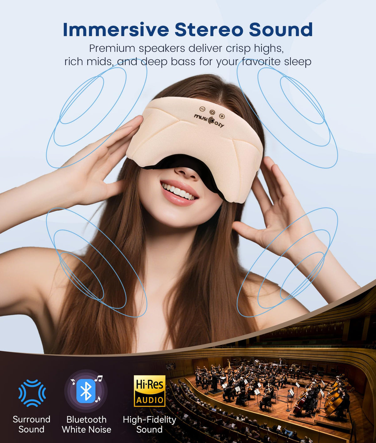 MUSICOZY thin speaker pad detail showing pressure-free side sleeping