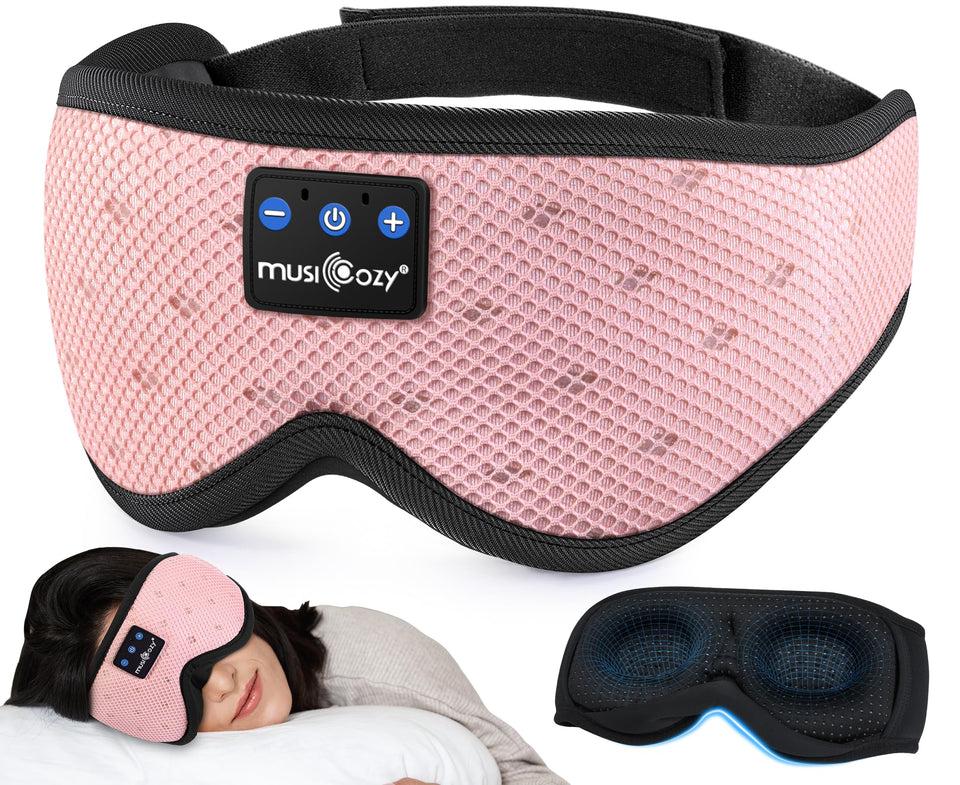 MUSICOZY front view showing mesh pink mask and built-in headphones for comfortable sleep