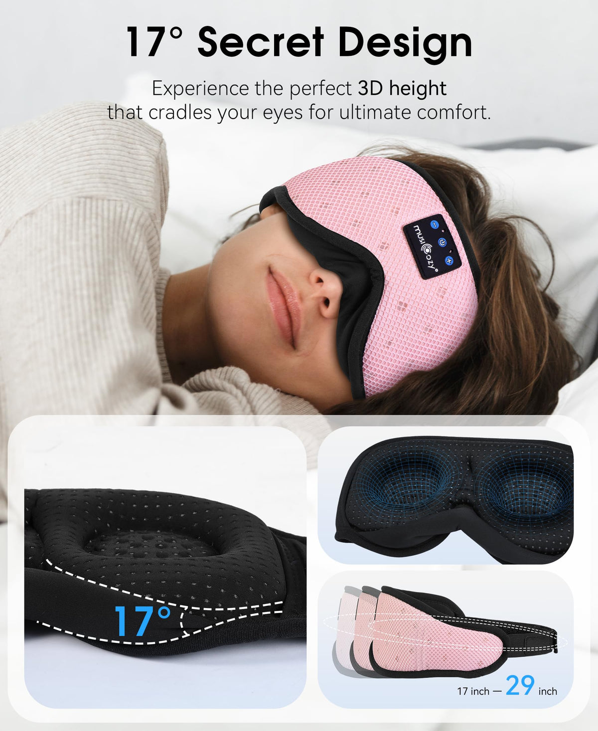 MUSICOZY in use by side sleeper illustrating stable fit and blocked light