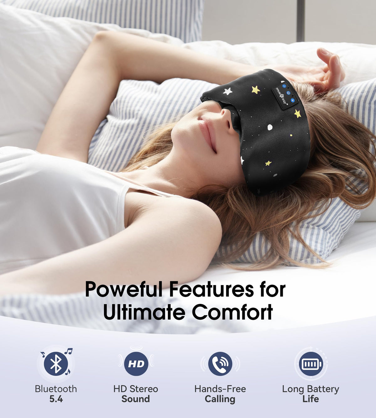 Musicozy adjustable Velcro-fit sleep mask stays comfortable and secure all night