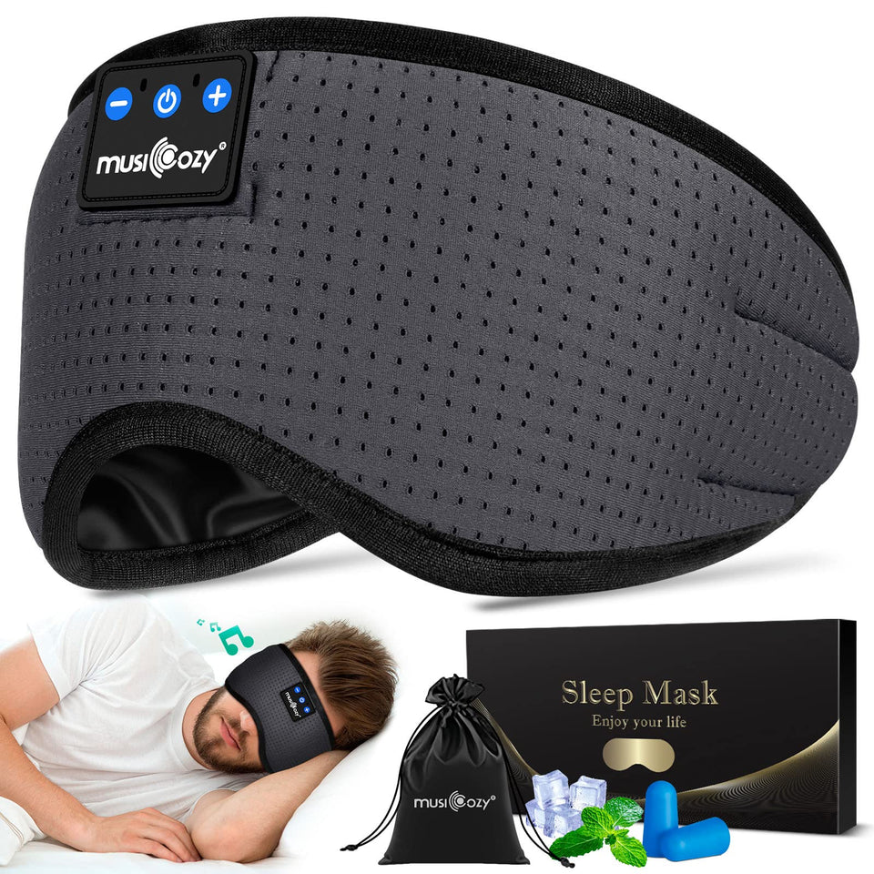 MUSICOZY front view eye mask showing full blackout and comfort