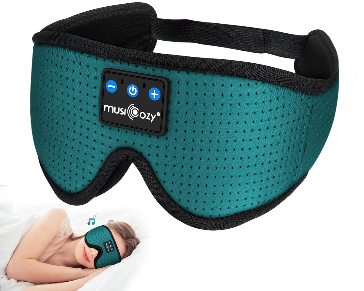 MUSICOZY front view of green Bluetooth sleep headband showing compact design and comfort