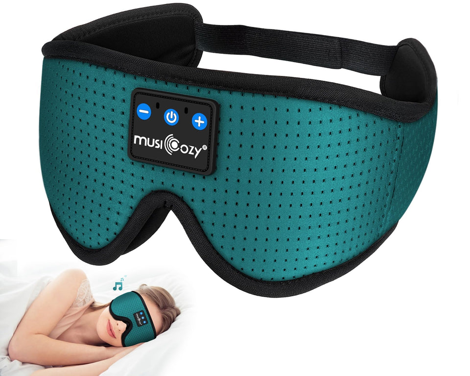 MUSICOZY front view of green Bluetooth sleep headband showing compact design and comfort