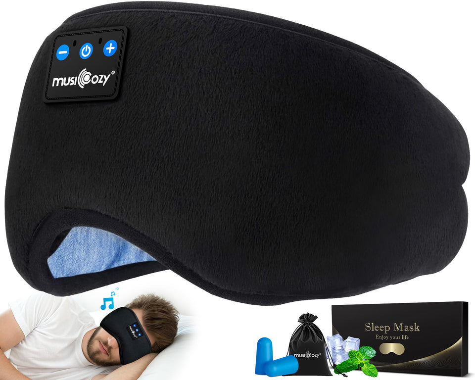MUSICOZY front view of headband mask showing full blackout comfort