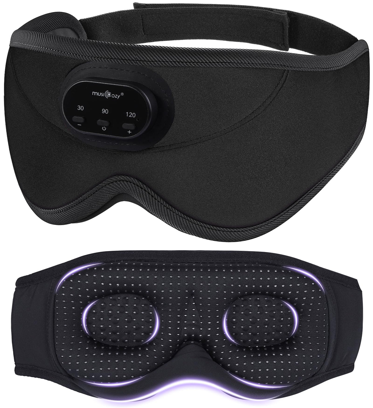 MUSICOZY front view of sleep mask showing sleek blackout design and comfort