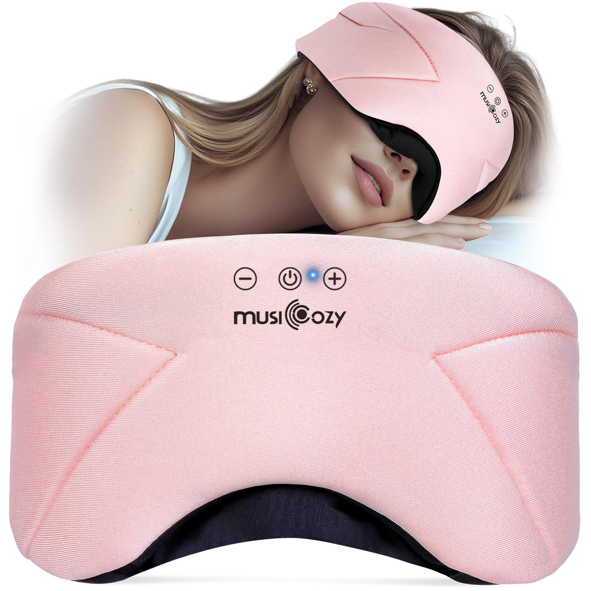 MUSICOZY front view of sleep mask showing comfortable fit and blackout benefit