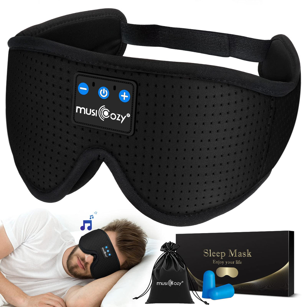 MUSICOZY front view mask showing full coverage and comfortable contour benefit: total blackout