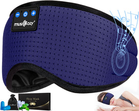 MUSICOZY front view of eye mask and packaging showing comfortable design and travel readiness