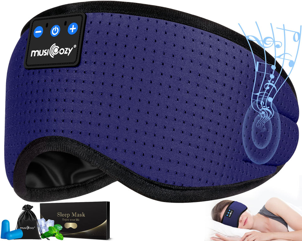 MUSICOZY front view of eye mask and packaging showing comfortable design and travel readiness