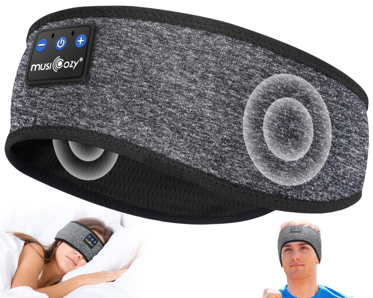 MUSICOZY front view of headband and packaging showing sleek design and benefits
