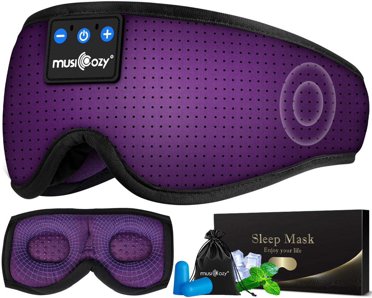 MUSICOZY front view purple showing full blackout mask and headband comfort