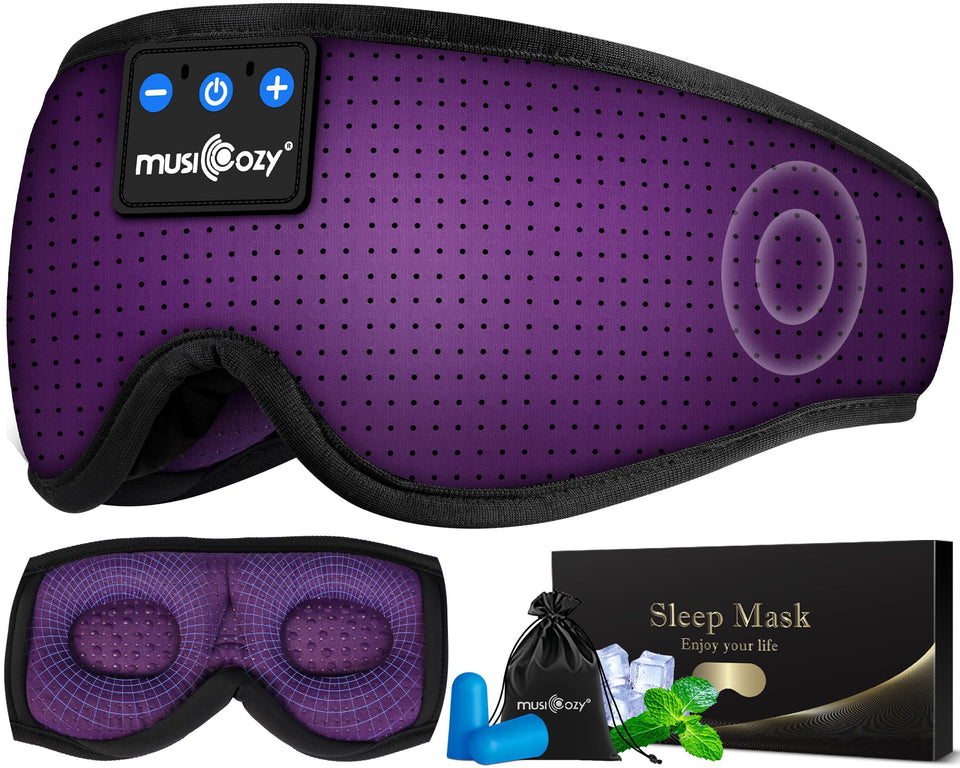 MUSICOZY front view purple showing full blackout mask and headband comfort