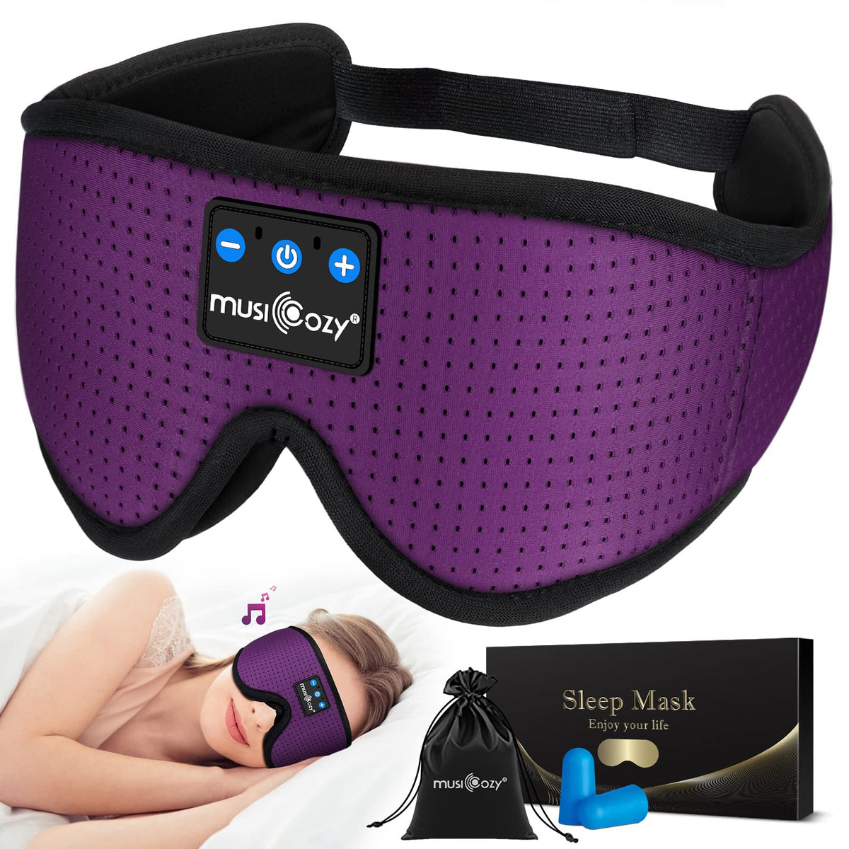MUSICOZY front view of mask showing contoured 3D eye cavities for pressure relief