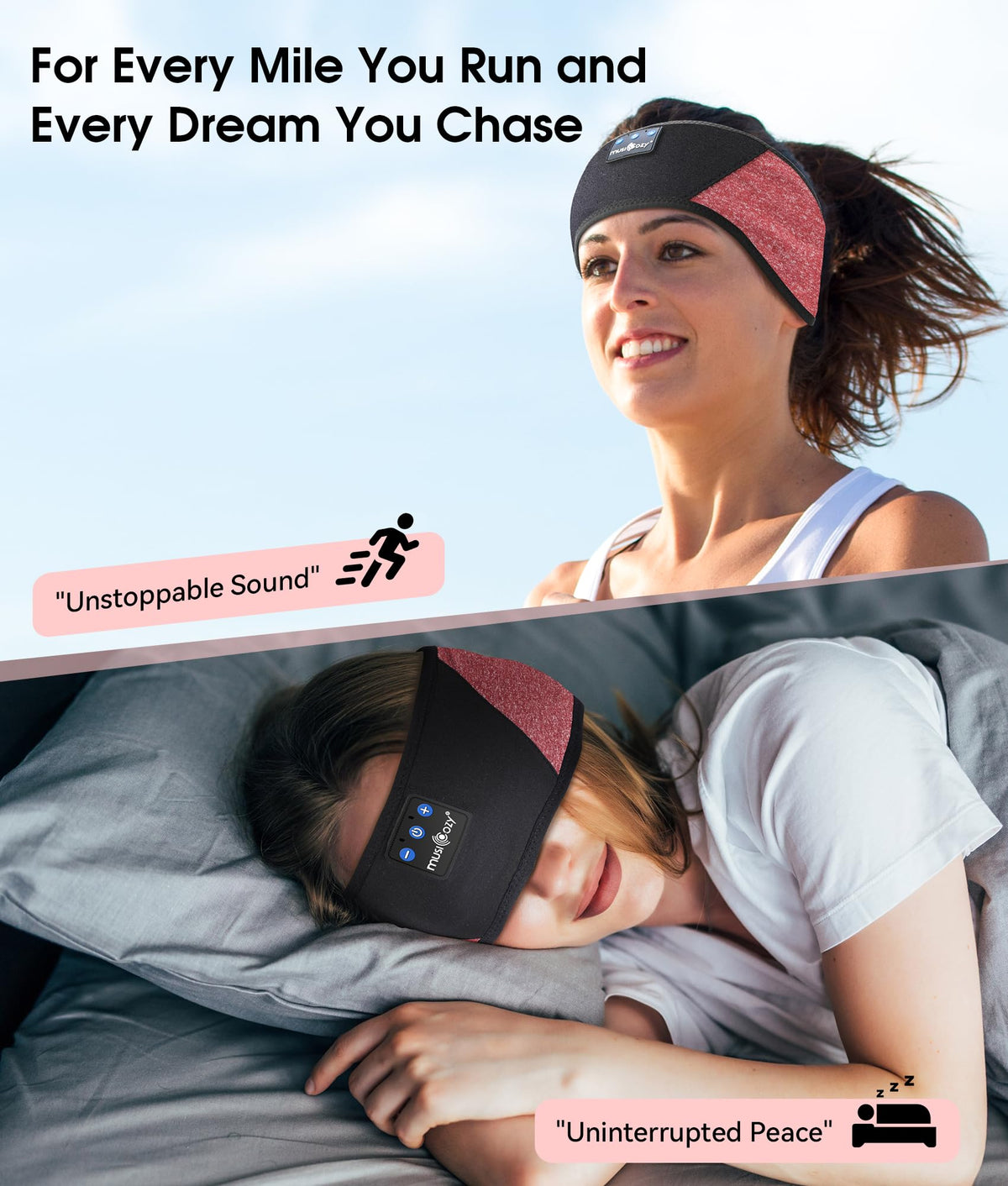 MUSICOZY headband-earphones closeup showing integrated speakers and comfortable wear