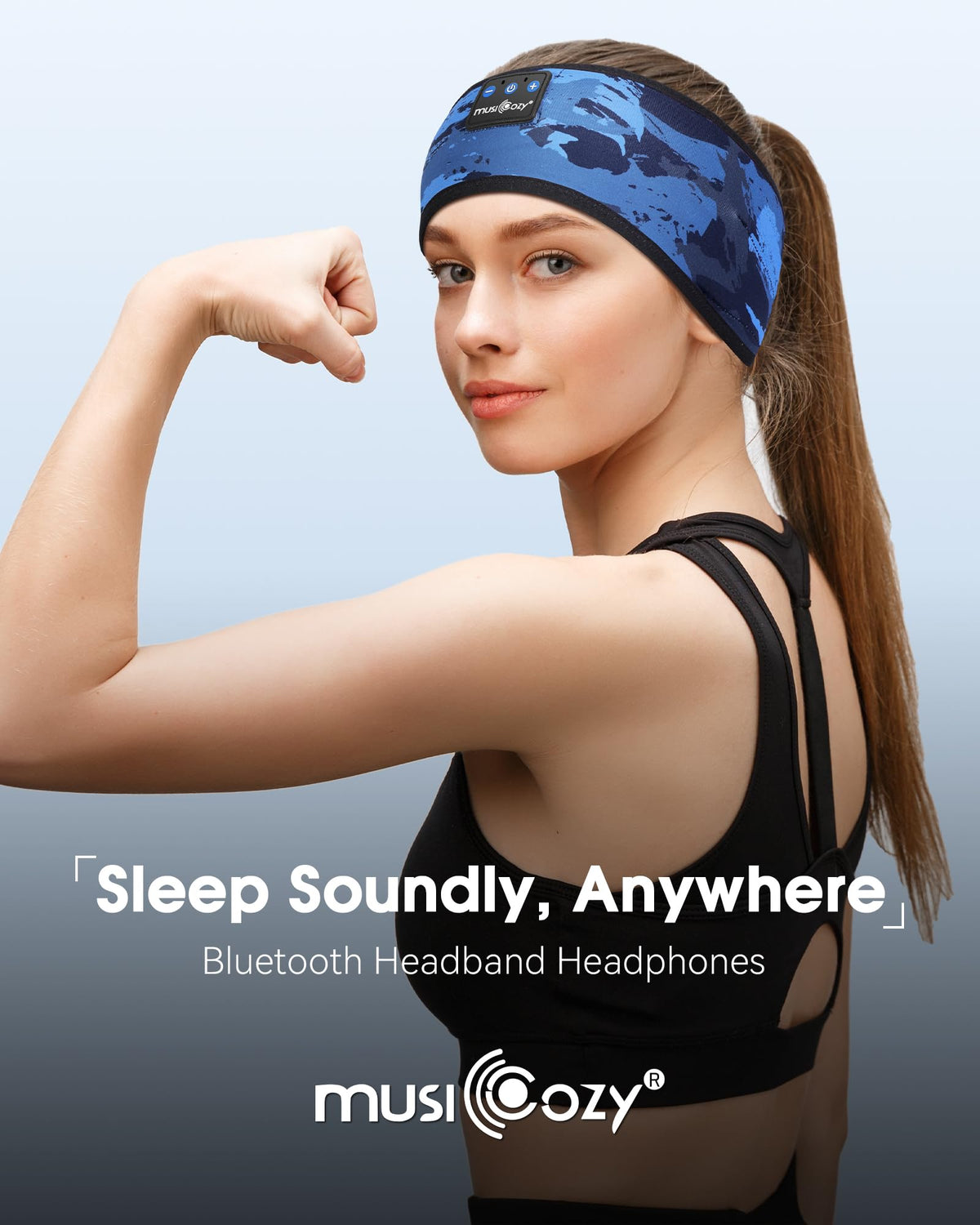 MUSICOZY headband worn during sleep for hands-free listening and sweat control